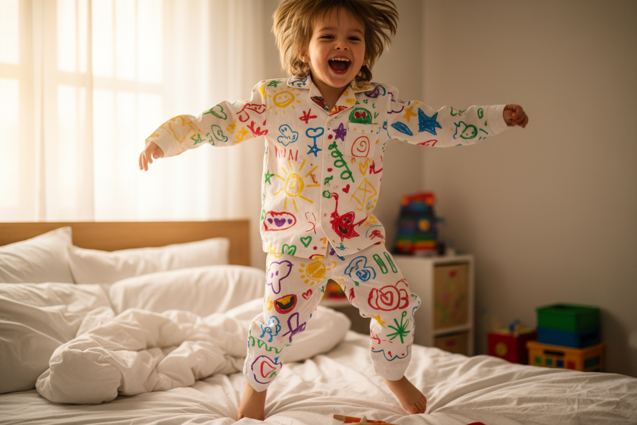 A cheerful child jumping on bed wearing a self-colored pajama with bright designs, energy, movement, laughter, durable high-quality fabric, vibrant colors, warm light met mijn DIY inkleurbare Pyjama
