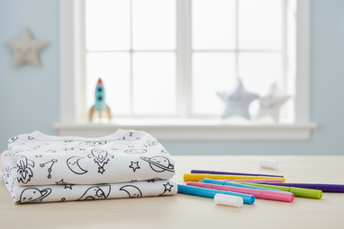 a white cotton kids pajama covered with black-outline doodles (rockets, planets, stars) designed to be colored in by children, colorful markers lying next to it, bright Scandinavian room lighting, premium e-commerce product photography, minimal clean background, soft pastel tones, realistic high quality photo