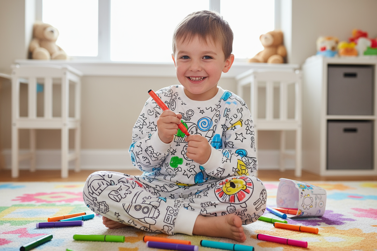 kind die zijn inkleurbare pyjama inkleurd met stift